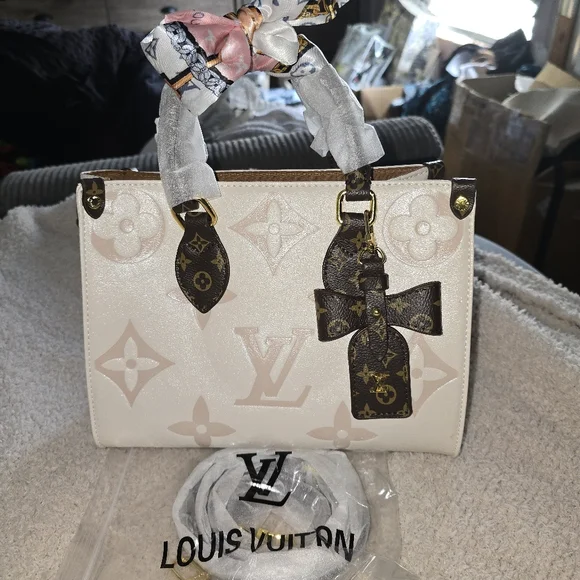 Cream and Brown Monogram Tote with Scarf AND CHARM 10x8 - Picture 2 of 12